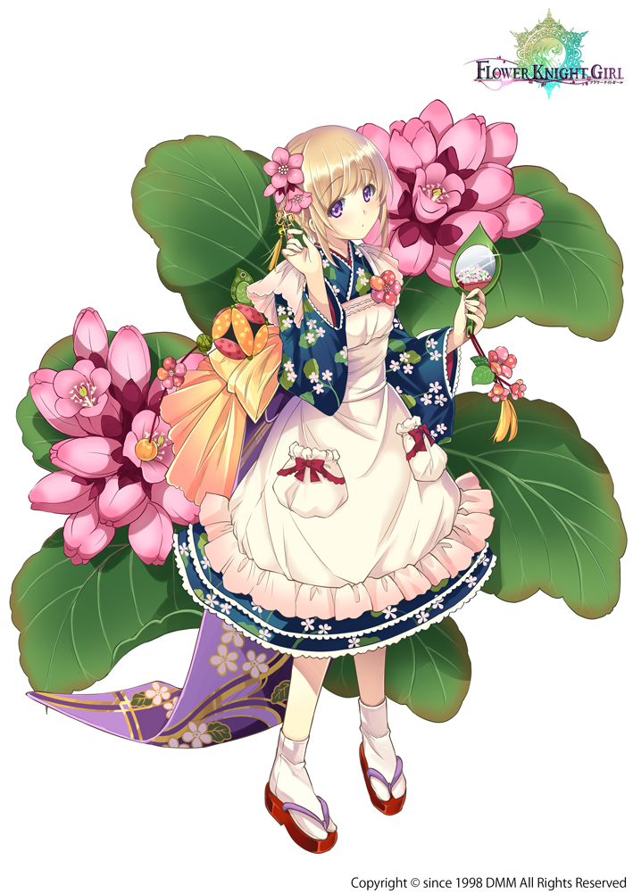 1girl, bergenia_(flower_knight_girl), blonde_hair, bow, city_forest_online, copyright_name, dress, floral_print