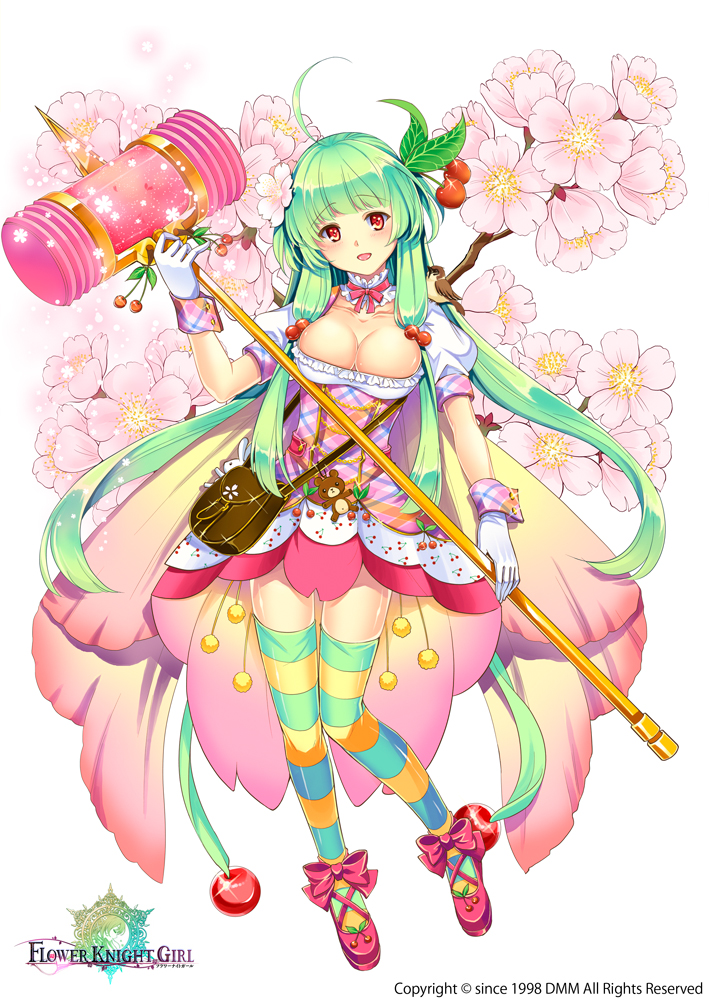 1girl, ahoge, bag, bow, breasts, cherry_blossoms, cherry_hair_ornament, choker
