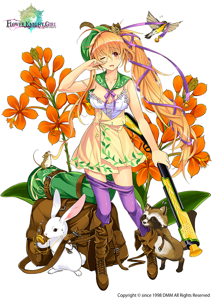 1girl, ahoge, bag, beret, bird, blush, boots, bow