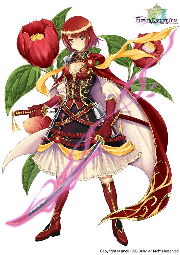 1girl, belt, boots, breasts, camellia_(flower), cape, city_forest_online, cleavage