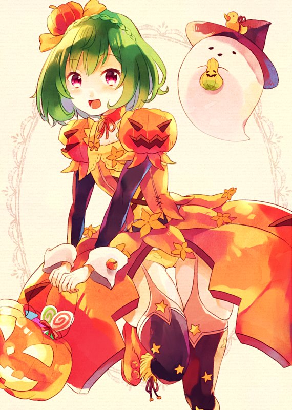 1girl, boots, braid, cowboy_shot, crown_braid, flower_knight_girl, food_themed_clothes, food_themed_hair_ornament