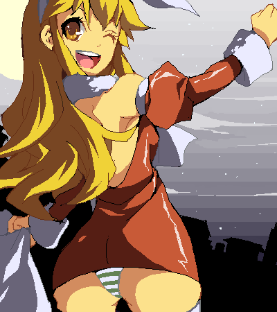 1girl, arm_up, bare_shoulders, blonde_hair, bow, breasts, brown_eyes, calamity_jane