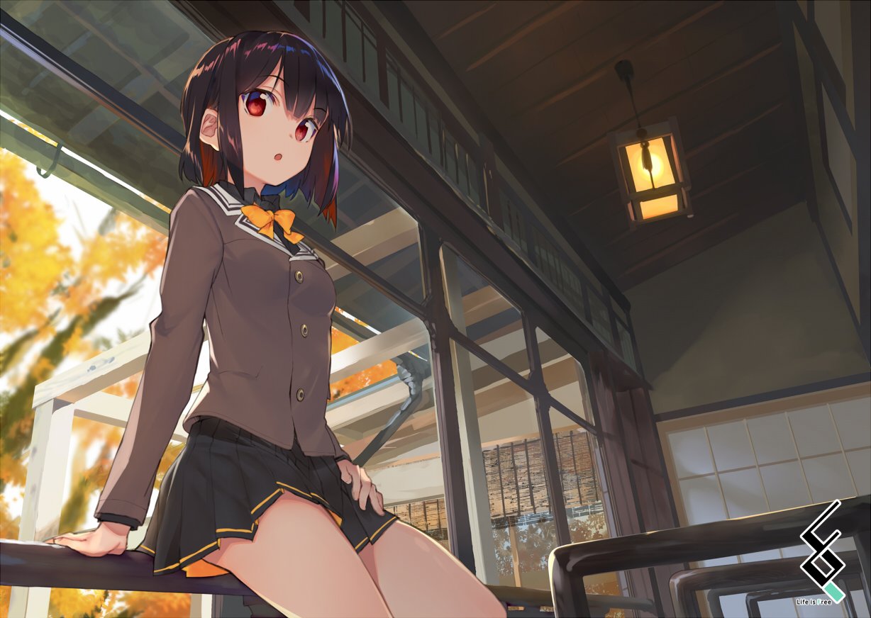 1girl, arm_at_side, artist_name, autumn, autumn_leaves, black_hair, black_shirt, black_skirt