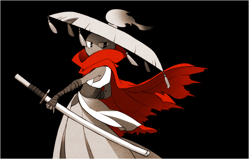 1boy, bandages, black_background, cape, japanese_clothes, katana, kiitos12, kusanagi_(youkai_watch)