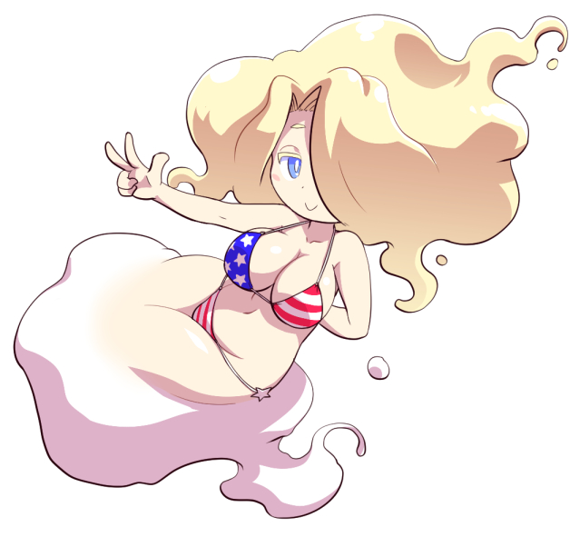 1girl, alternate_costume, alternate_hair_color, american_flag_bikini, bikini, blonde_hair, blue_eyes, blush