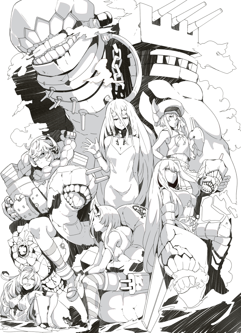 6+girls, absurdly_long_hair, aircraft_carrier_oni, armor, armored_boots, barrel, battleship_hime, bonnet