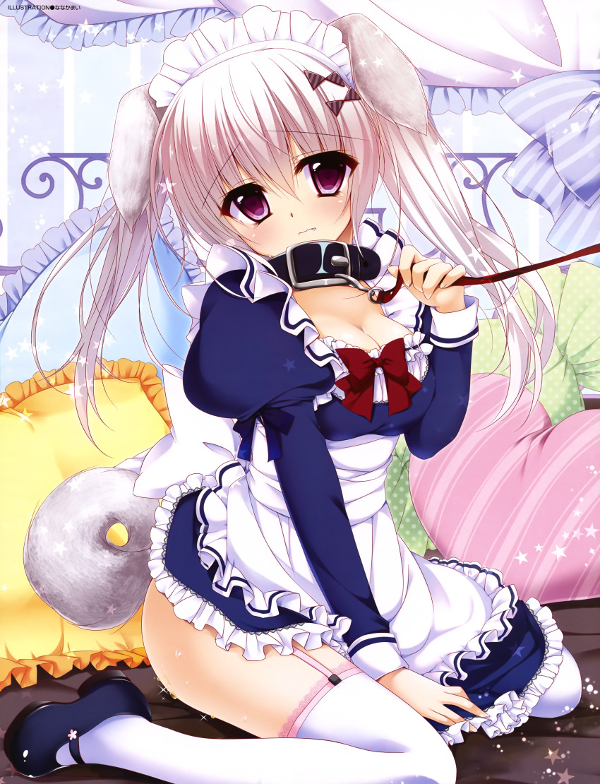 1girl, absurdres, animal_ears, artist_name, between_legs, black_shoes, blue_dress, blush, bow, breasts, cleavage, collar, dog_ears, dog_tail, dress, english, fang, garter_straps, hair_bow, hand_between_legs, head_tilt, heart, heart_pillow, highres, juliet_sleeves, leash, long_sleeves, looking_at_viewer, maid, maid_headdress, mary_janes, nanaka_mai, original, pillow, pink_eyes, puffy_sleeves, red_bow, shoes, silver_hair, sitting, solo, star, striped, striped_bow, tail, thigh-highs, twintails, wariza, wavy_mouth, white_legwear
