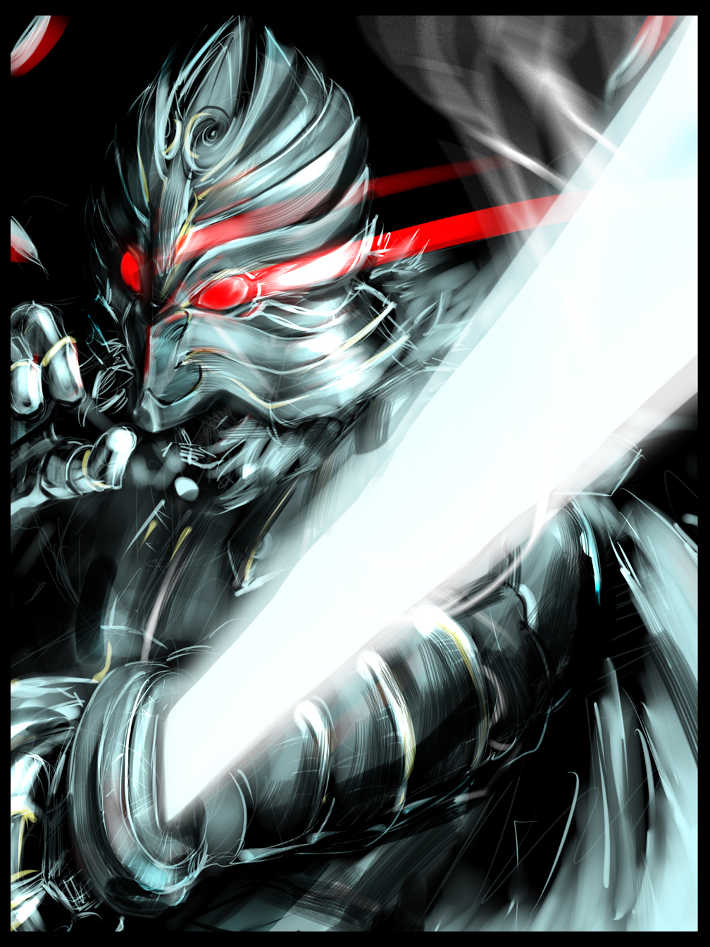 glowing, glowing_eyes, highres, jorogumo, karas, mask, otoha_(karas), sword