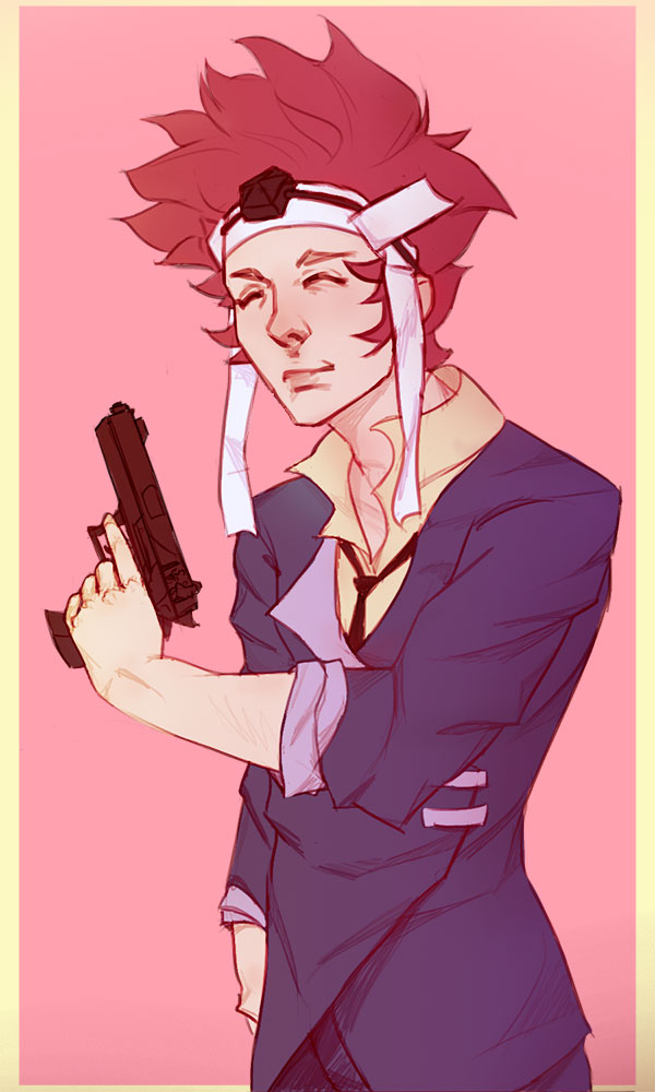 1boy, alternate_costume, asama_(fire_emblem_if), brown_hair, closed_eyes, cowboy_bebop, cowboy_shot, crossover