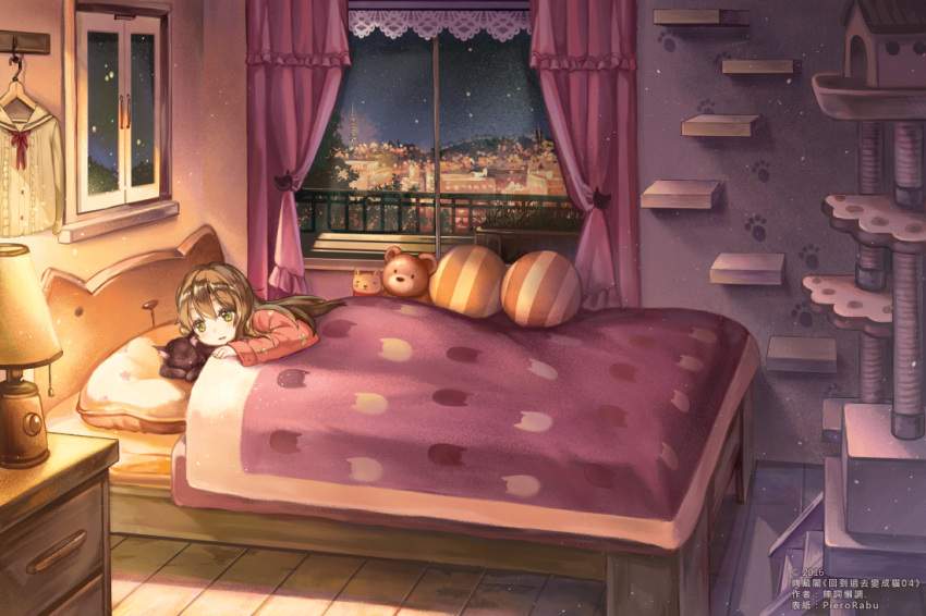 1girl, bed, brown_eyes, brown_hair, cat, curtains, lamp, long_hair