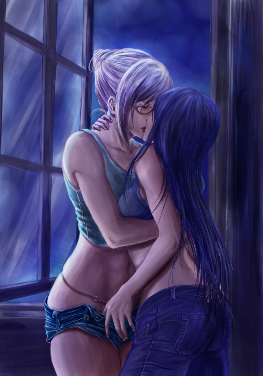 2girls, black_hair, cowboy_shot, denim, denim_shorts, glasses, gumbat, hair_bun