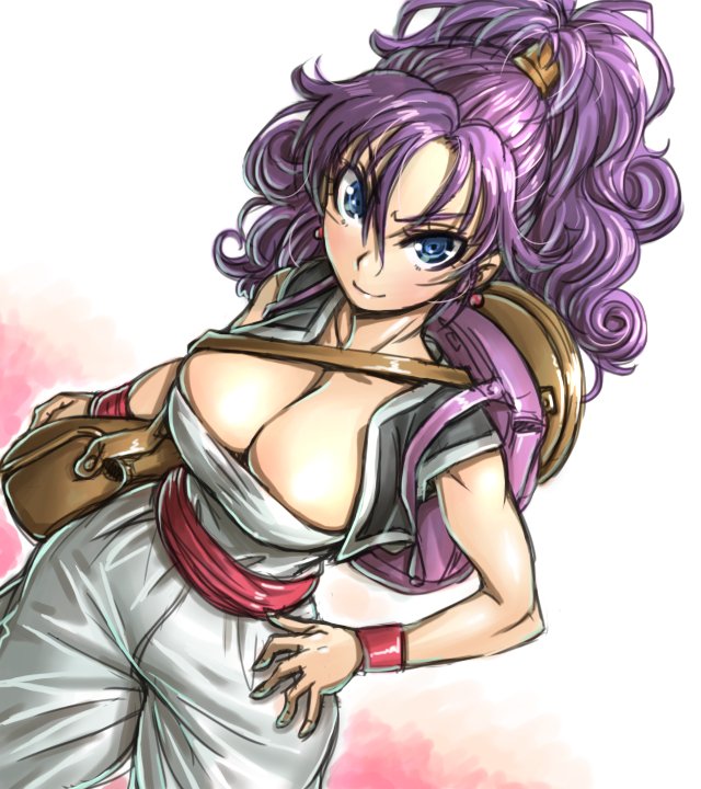 amania_orz, backpack, bag, blue_eyes, breasts, cleavage, dragon_quest, dragon_quest_iii