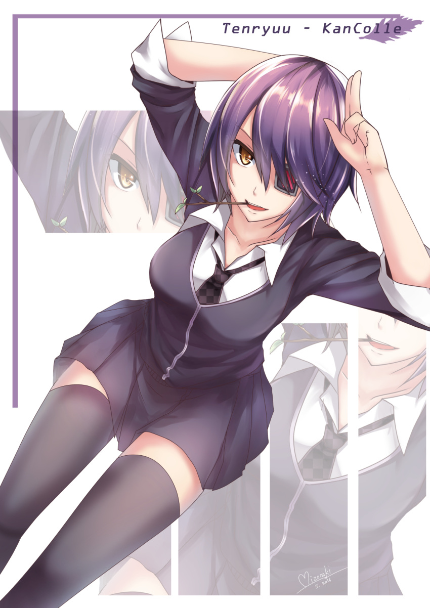 1girl, artist_name, checkered, checkered_necktie, eyepatch, hand_behind_head, highres, kantai_collection