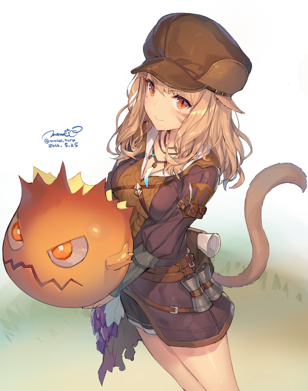 1girl, animal_ears, belt, bomb_(final_fantasy), brown_eyes, brown_hair, cat_ears, dated