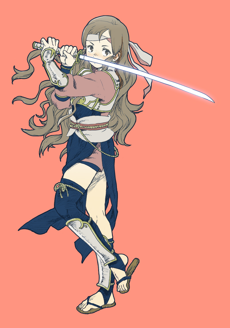 1girl, armor, brown_eyes, brown_hair, fire_emblem, fire_emblem_if, gauntlets, headband, japanese_armor, katana, kazahana_(fire_emblem_if), long_hair, pink_background, samurai, sword, weapon, yu_kiti24