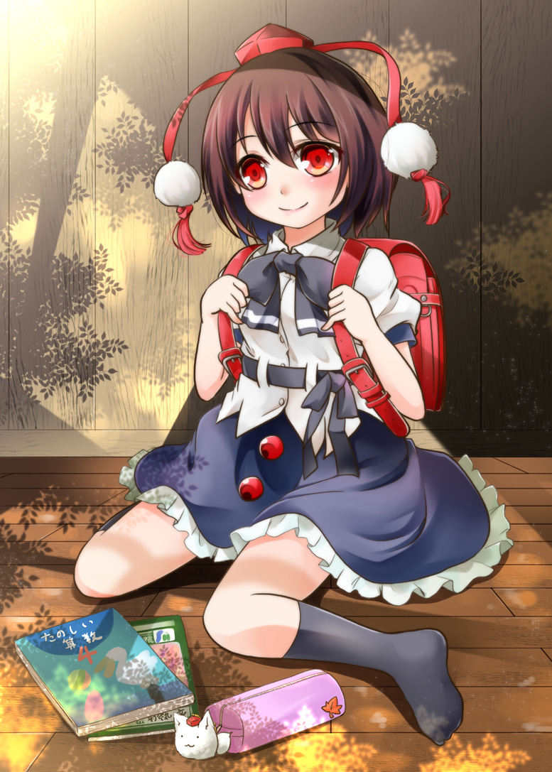1girl, backpack, bag, black_hair, commentary_request, hat, hat_ribbon, pom_pom_(clothes), puffy_short_sleeves, puffy_sleeves, randoseru, red_eyes, ribbon, shameimaru_aya, shirt, short_hair, short_sleeves, sitting, skirt, smile, solo, tokin_hat, touhou, wariza, yozuki_shokora