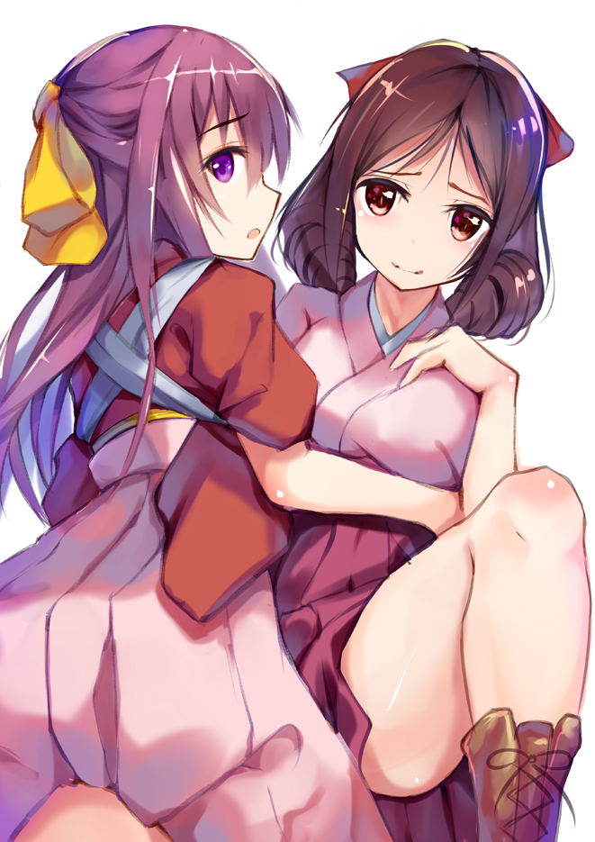 2girls, boots, brown_hair, cross-laced_footwear, drill_hair, girl_on_top, hair_ribbon, harukaze_(kantai_collection)
