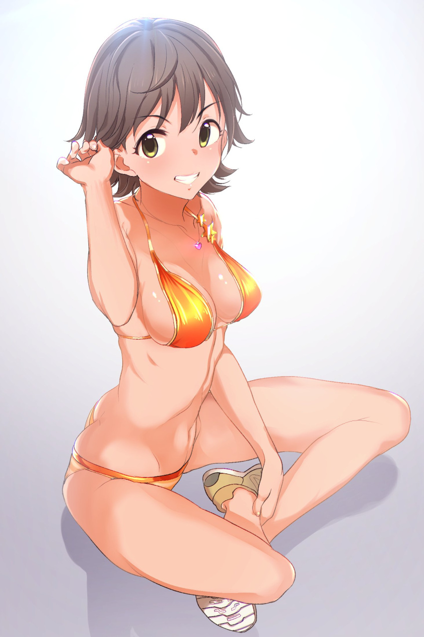 1girl, bare_shoulders, bikini, brown_eyes, brown_hair, grin, groin, hair_twirling