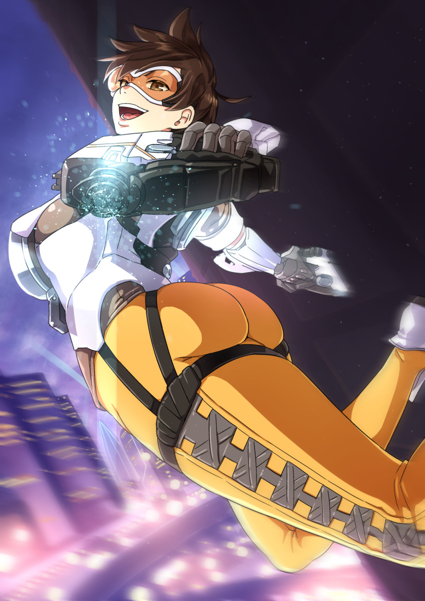 1girl, ass, breasts, brown_eyes, brown_hair, gun, handgun, highres