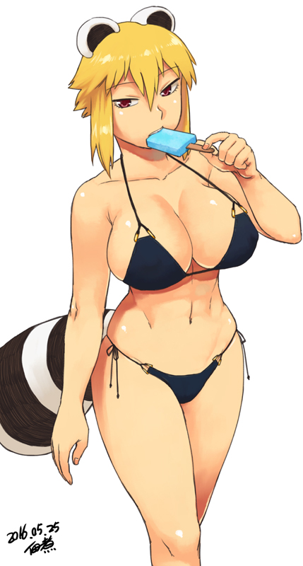 1girl, animal_ears, araiguma-san, bikini, black_bikini, blonde_hair, breasts, cleavage