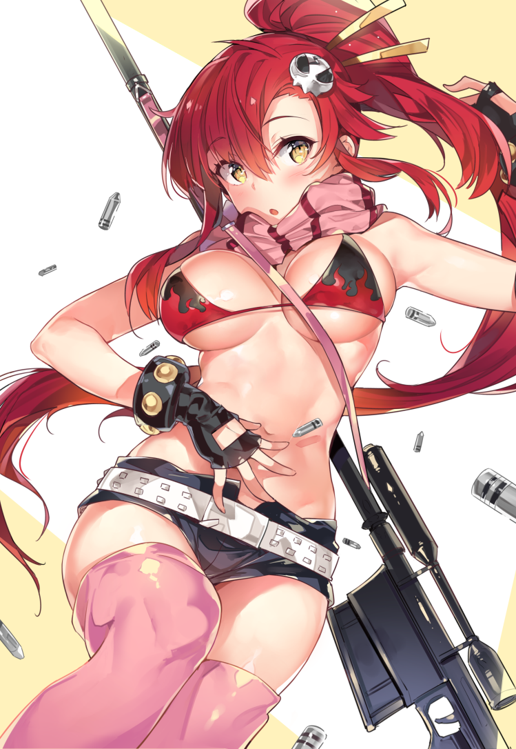 1girl, :o, bare_shoulders, belt, bikini_top, breasts, bullet, cozyquilt