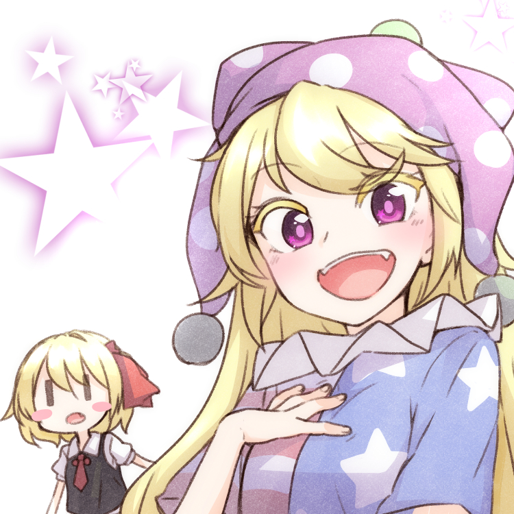 2girls, :d, american_flag_shirt, blonde_hair, blush, clownpiece, fangs, hat