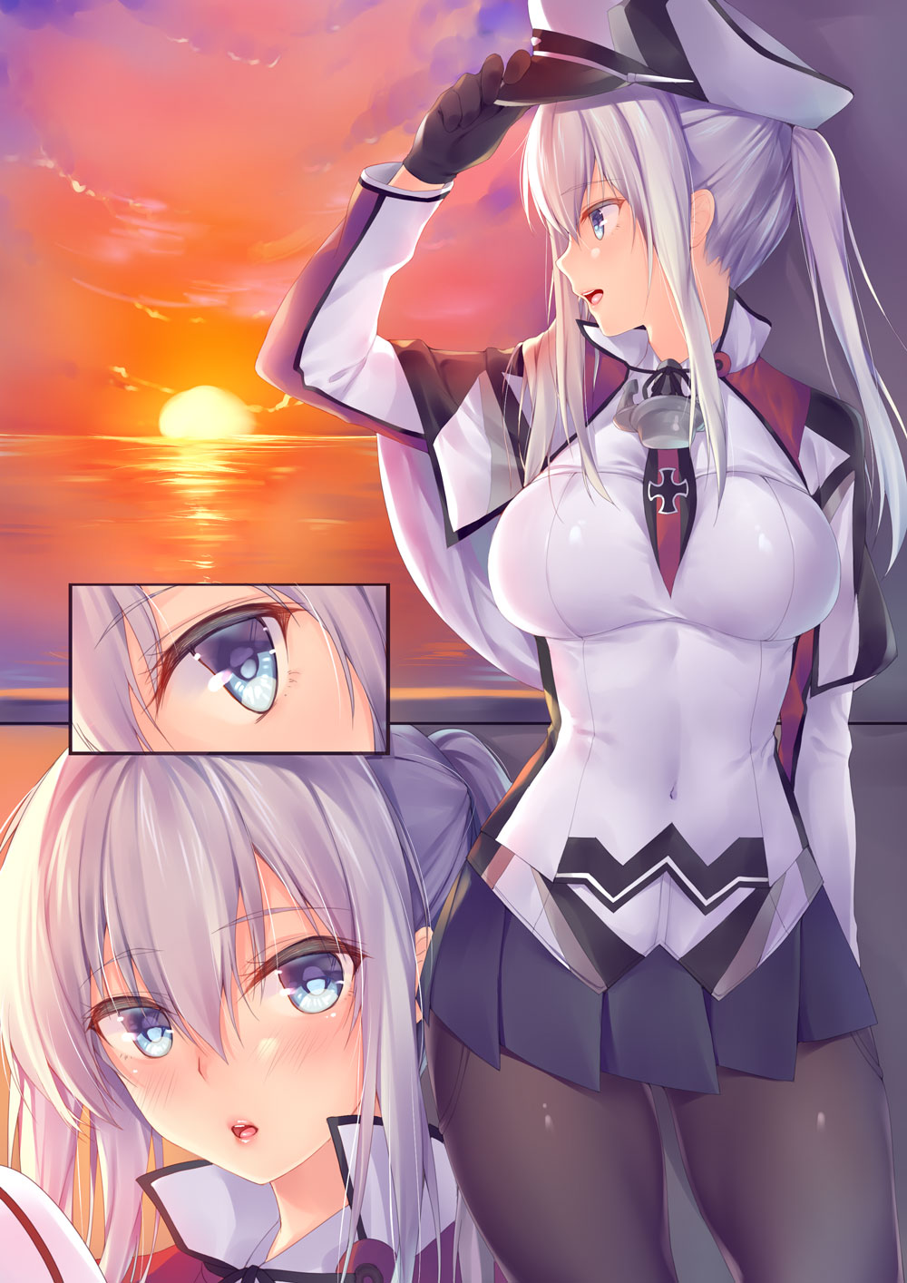 1girl, adjusting_clothes, adjusting_hat, black_legwear, blonde_hair, blue_eyes, blush, breasts