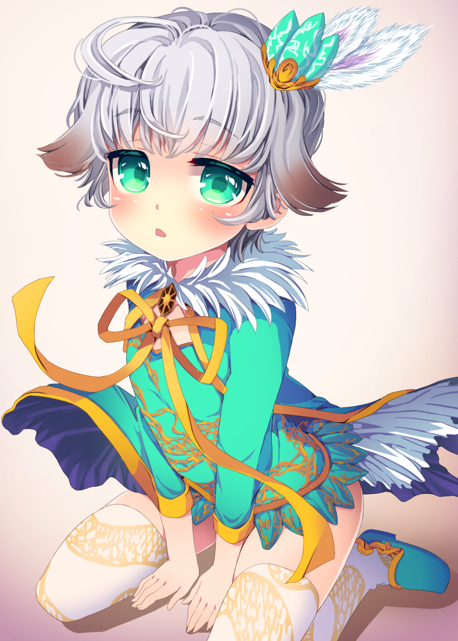 1girl, :o, aisha_(sennen_sensou_aigis), aqua_dress, aqua_eyes, aqua_shoes, arm_support, bangs, between_legs, blush, bow, dress, eyebrows, eyebrows_visible_through_hair, flat_chest, fur_trim, gradient, gradient_background, hair_flaps, hand_between_legs, highres, jewelry, looking_at_viewer, multicolored_hair, ribbon, sennen_sensou_aigis, shoes, short_hair, silver_hair, sitting, sleeves_past_elbows, solo, sun_(symbol), suzune_rai, thigh-highs, two-tone_hair, wariza, white_hair, white_legwear, yellow_bow, yellow_ribbon