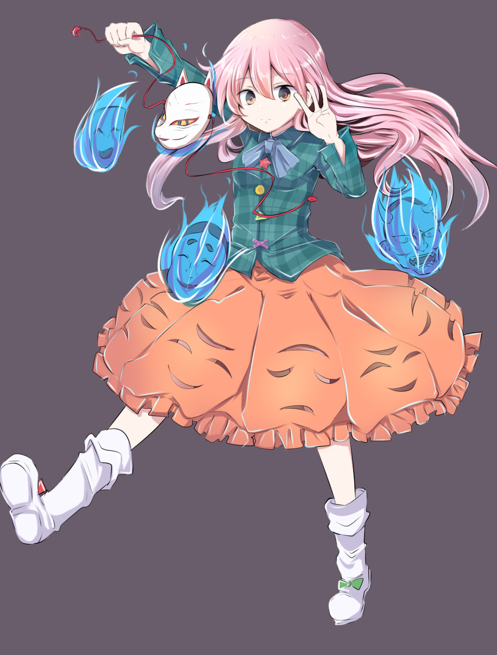 1girl, bubble_skirt, expressionless, face_mask, fox_mask, hata_no_kokoro, highres, long_hair