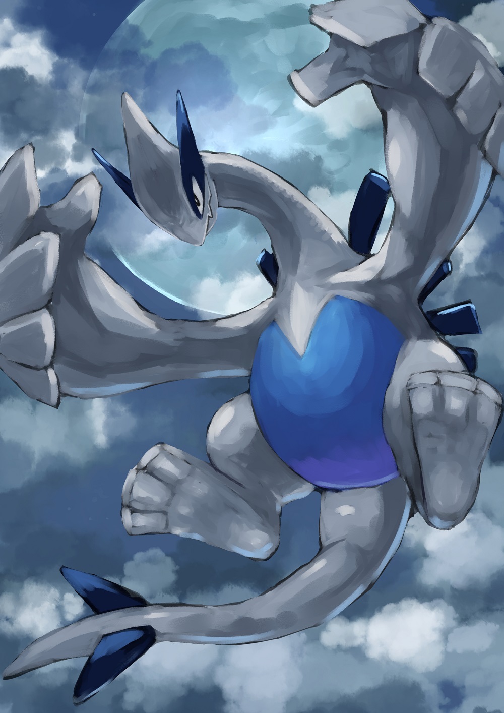 black_eyes, clouds, fangs, full_moon, highres, lugia, moon, no_humans