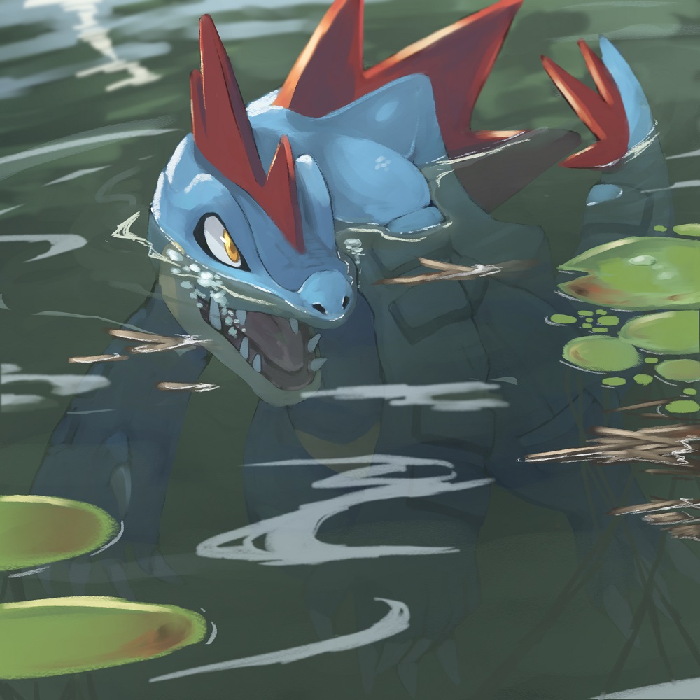 feraligatr, lily_pad, no_humans, partially_submerged, pokemon, pokemon_(creature), sharp_teeth, solo