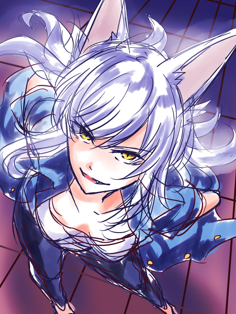 1girl, animal_ears, black_hanekawa, breasts, cat_ears, fang, hanekawa_tsubasa, monogatari_(series)