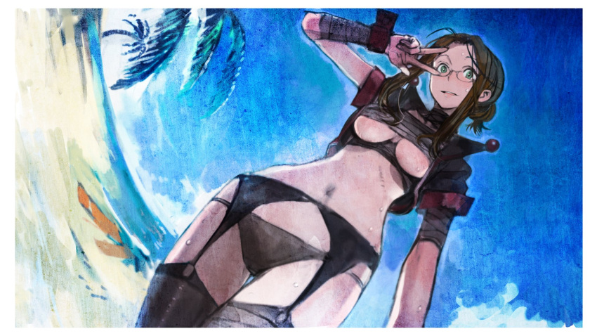 1girl, breasts, brown_hair, garter_belt, glasses, green_eyes, highres, kiraboshi_(star_driver)
