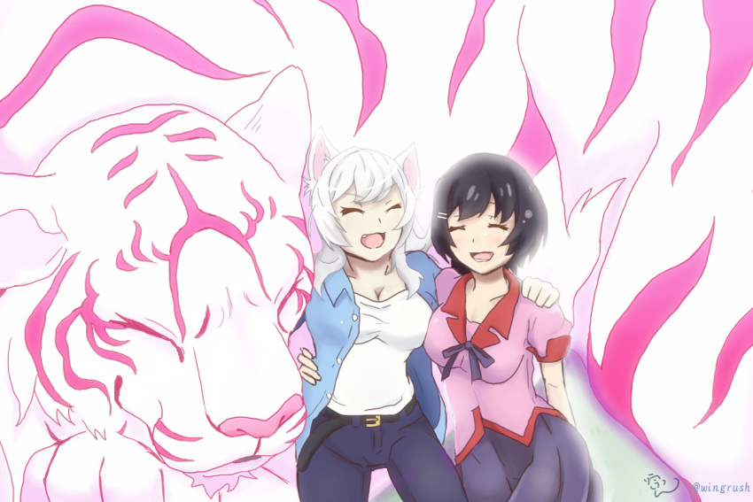 2girls, animal, animal_ears, black_hair, black_hanekawa, breasts, cat_ears, cleavage