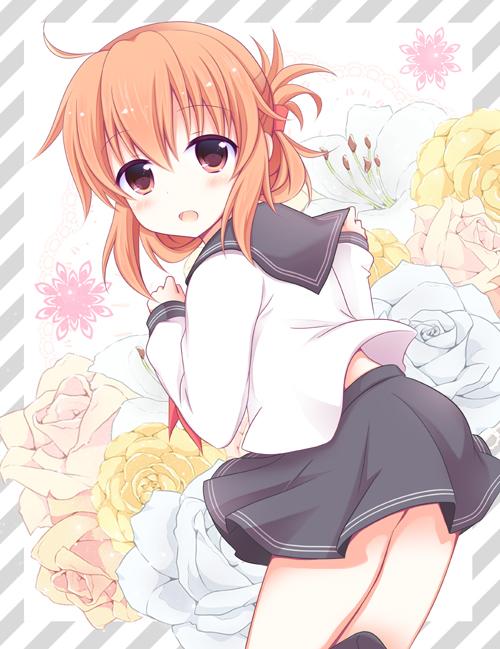 1girl, anchor_symbol, back, blouse, brown_hair, flower, folded_ponytail, inazuma_(kantai_collection), kantai_collection, kashiwadokoro, lily_(flower), long_hair, looking_back, rose, school_uniform, serafuku, skirt, socks, solo, white_rose, yellow_eyes