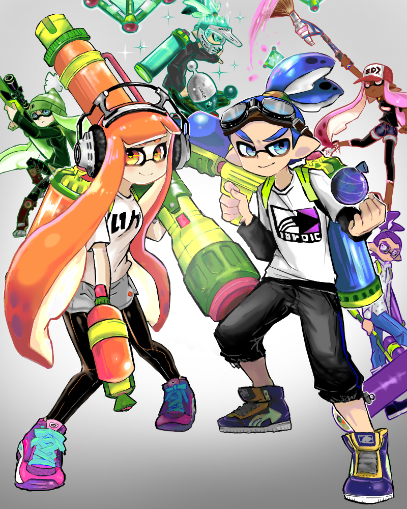 2boys, 3girls, bangs, blunt_bangs, burst_bomb_(splatoon), ink_tank_(splatoon), inkling, inkzooka_(splatoon)
