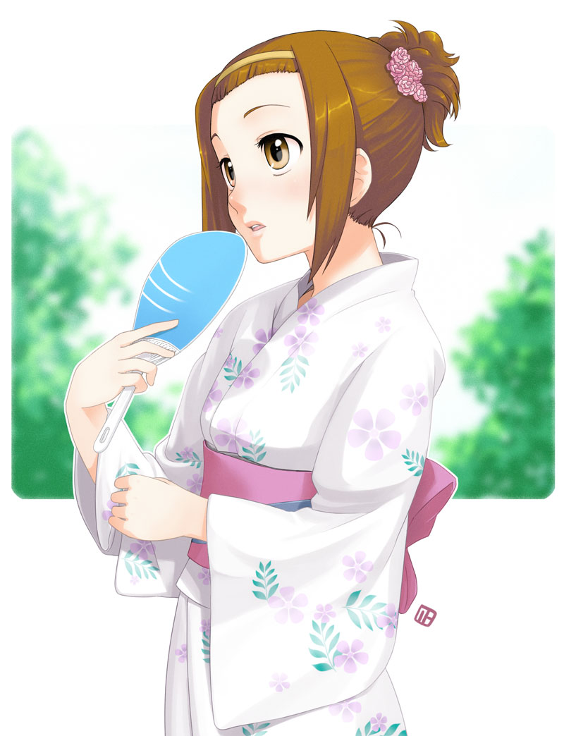 brown_eyes, brown_hair, fan, hairband, japanese_clothes, k-on!, kimono, nagian