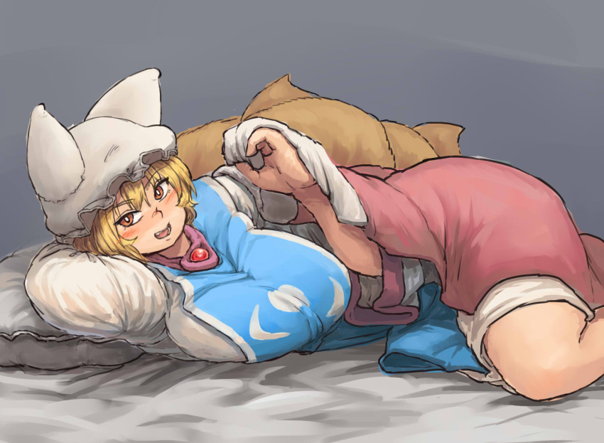 1girl, bed_sheet, blonde_hair, blush, breasts, chanta_(ayatakaoisii), come_hither, dress, fox_tail, hat, head_on_arm, huge_breasts, long_sleeves, looking_at_viewer, lying, multiple_tails, on_side, open_mouth, pillow, pillow_hat, short_hair, solo, tabard, tail, touhou, yakumo_ran