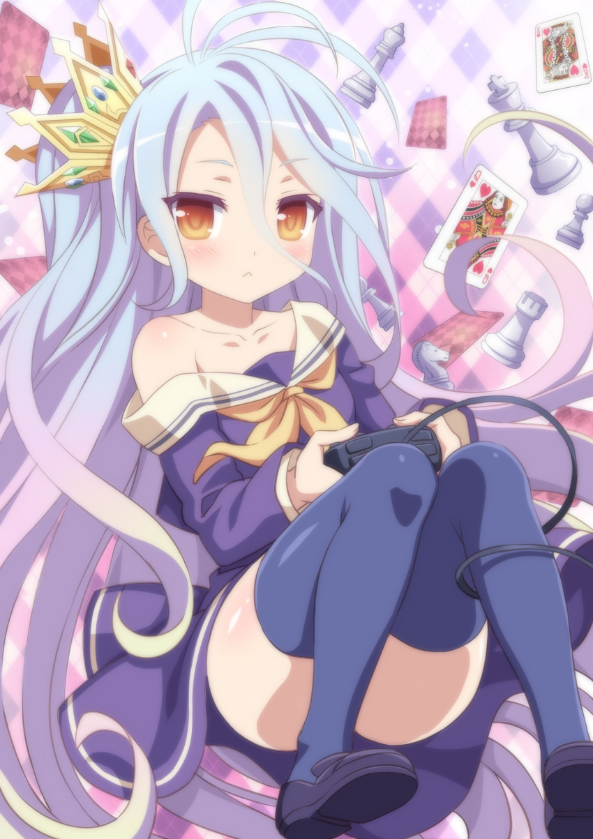 1girl, bangs, blue_legwear, blush, card, checkered, chess_piece, clothes_down