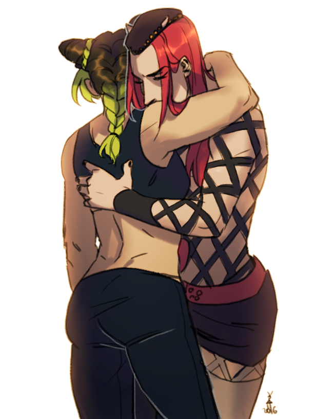 1boy, 1girl, black_hair, braid, cheekyposelenets, closed_eyes, crop_top, double_bun, green_hair, hat, horns, hug, jojo_no_kimyou_na_bouken, kuujou_jolyne, long_hair, multicolored_hair, narciso_anasui, pink_hair, signature, single_braid, skirt, tank_top, thigh-highs, two-tone_hair
