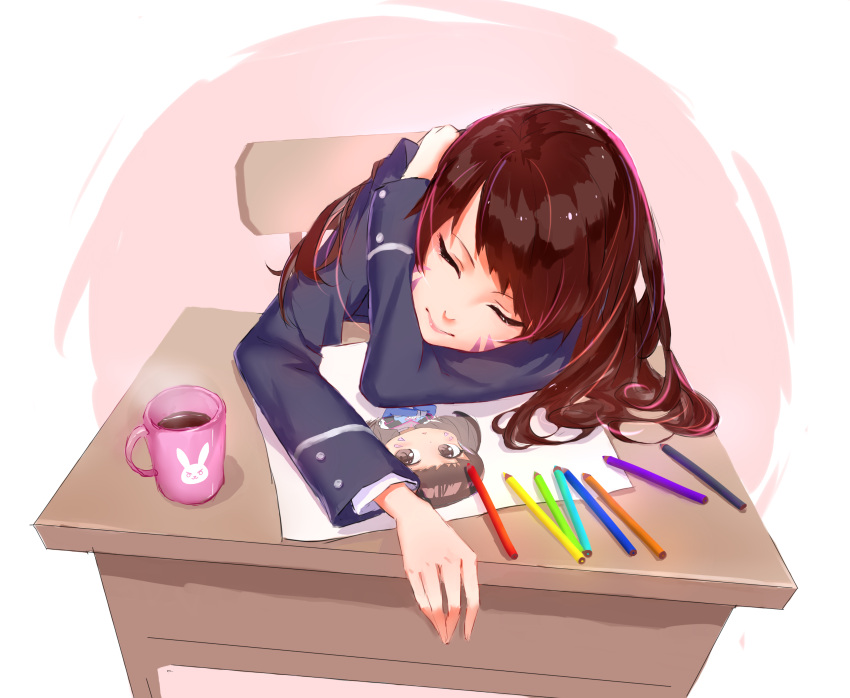1girl, absurdres, bodysuit, brown_eyes, brown_hair, bunny_print, closed_eyes, colored_pencil