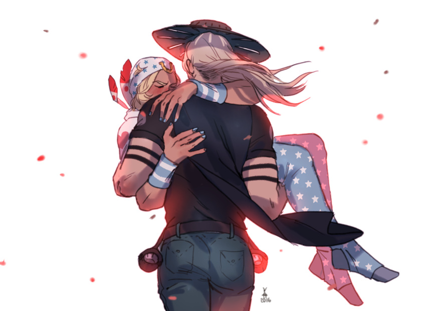 2016, 2boys, backlighting, blonde_hair, blue_nails, cape, carrying, cheekyposelenets