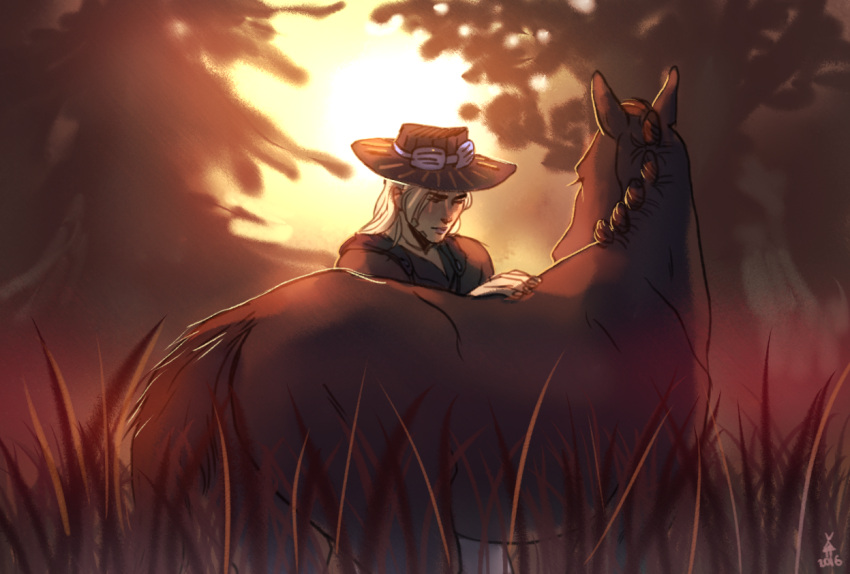 1boy, 2016, backlighting, blonde_hair, cheekyposelenets, closed_eyes, cowboy_hat, facial_hair, goggles_on_hat, grass, gyro_zeppeli, hat, horse, jojo_no_kimyou_na_bouken, male_focus, signature, solo, steel_ball_run, sun, tree