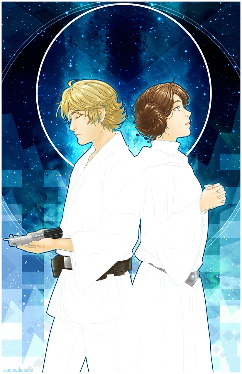 1boy, 1girl, back-to-back, blonde_hair, blue_background, brother_and_sister, brown_hair, closed_eyes