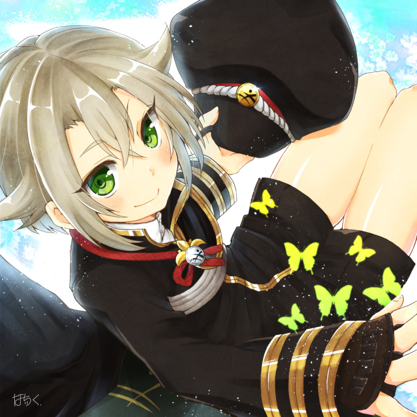 1boy, absurdres, butterfly, cape, green_eyes, hat, hat_removed, headwear_removed