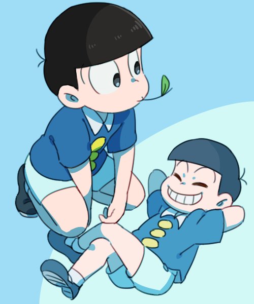 1boy, arms_behind_head, black_hair, blue_background, child, male_focus, noruberusu, osomatsu-kun