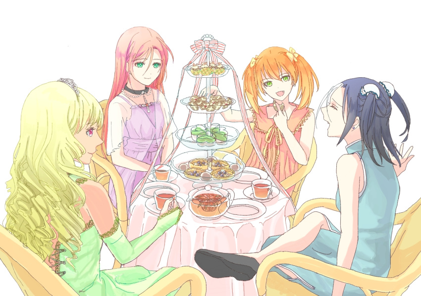 4girls, akashiya_moka, black_hair, blonde_hair, bridal_gauntlets, chinese_clothes, closed_eyes, collar, cross, dark_skin, double_bun, dress, fang, gloves, green_eyes, long_hair, multiple_girls, newtween, open_mouth, orange_hair, pink_eyes, pink_hair, rosario+vampire, shuzen_akua, shuzen_kahlua, shuzen_kokoa, siblings, sisters, sitting, smile, tiara, twintails