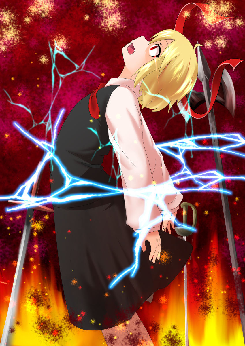 1girl, absurdres, arched_back, arms_at_sides, blonde_hair, ex-rumia, fire, gradient, gradient_background, hair_ribbon, halberd, head_tilt, highres, lightning, long_sleeves, looking_up, necktie, open_mouth, planted_sword, planted_weapon, polearm, red_background, red_eyes, reito_(lyra-yasao-0628), ribbon, rumia, short_hair, skirt, skirt_set, solo, sword, touhou, untied, weapon