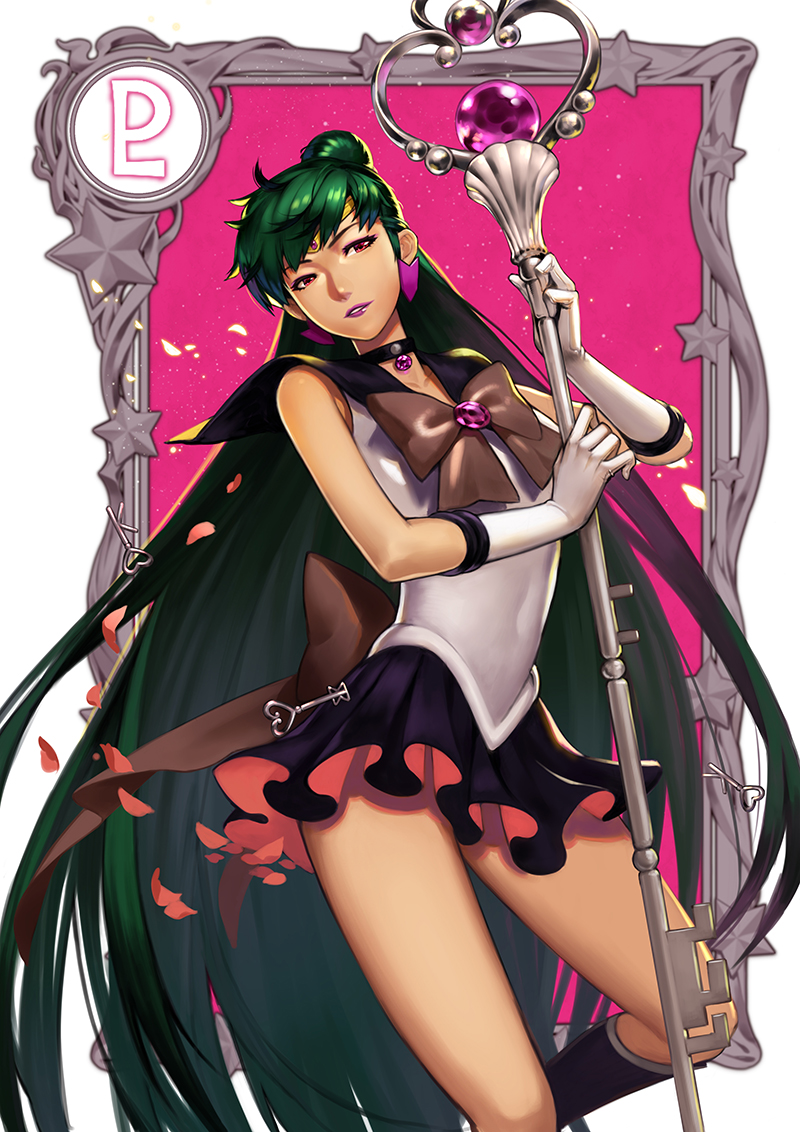 1girl, bishoujo_senshi_sailor_moon, boots, choker, circlet, earrings, gem, gloves, green_hair, hair_bun, jewelry, key, knee_boots, lipstick, long_hair, makeup, meiou_setsuna, miniskirt, petals, purple_lipstick, red_eyes, ribbon, sailor_pluto, skirt, solo, staff, star, time_staff, very_long_hair, white_gloves, yukiusagi1983