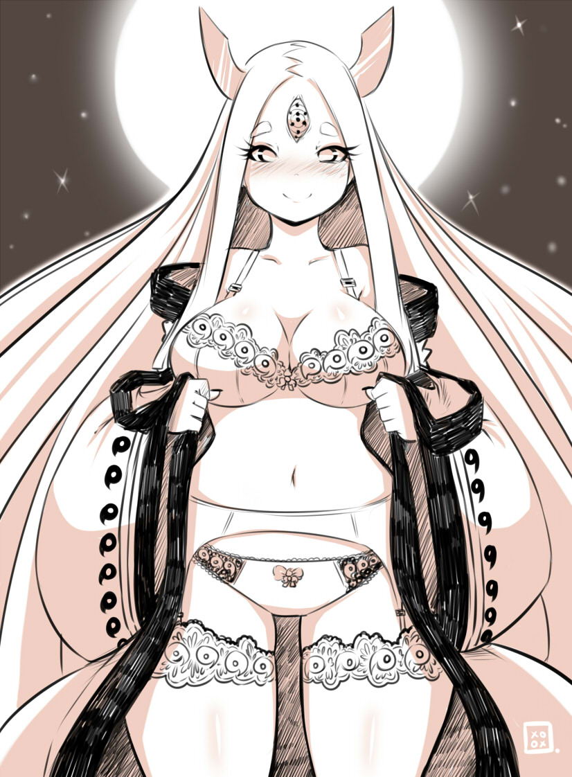 1girl, blush, bra, breasts, garter_belt, garter_straps, horns, kenron_toqueen, lace, lace-trimmed_bra, lace-trimmed_panties, lace-trimmed_thighhighs, looking_at_viewer, monochrome, moon, naruto, naruto_shippuuden, ootsutsuki_kaguya, panties, smile, star_(sky), thigh-highs, third_eye, underwear, undressing